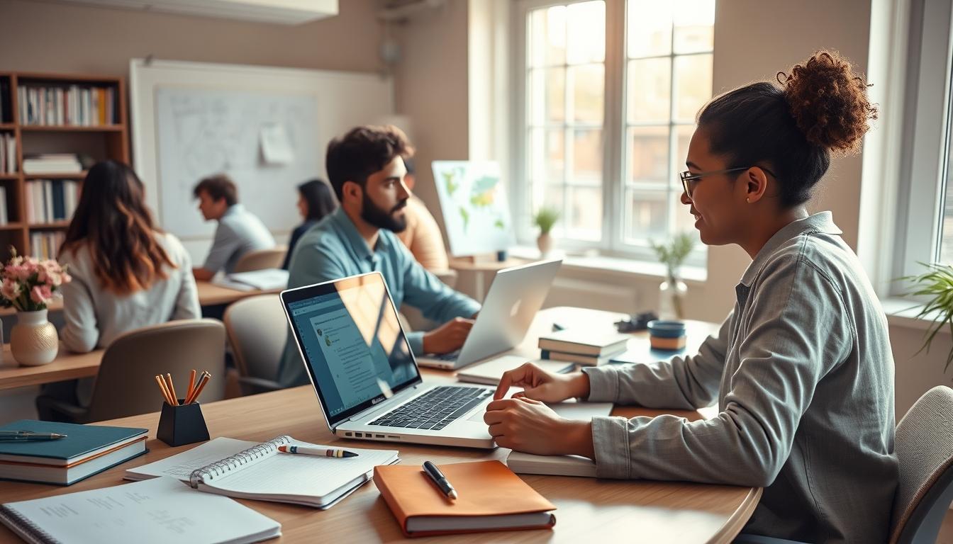 Students studying together in modern classroom